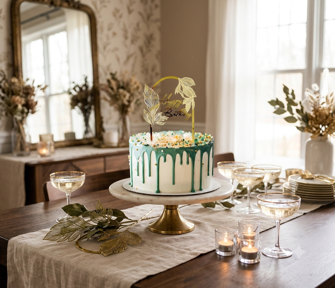 Happy Birthday Cake Topper in Gold mit Blättern