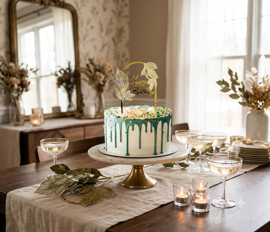 Happy Birthday Cake Topper in Gold mit Blättern
